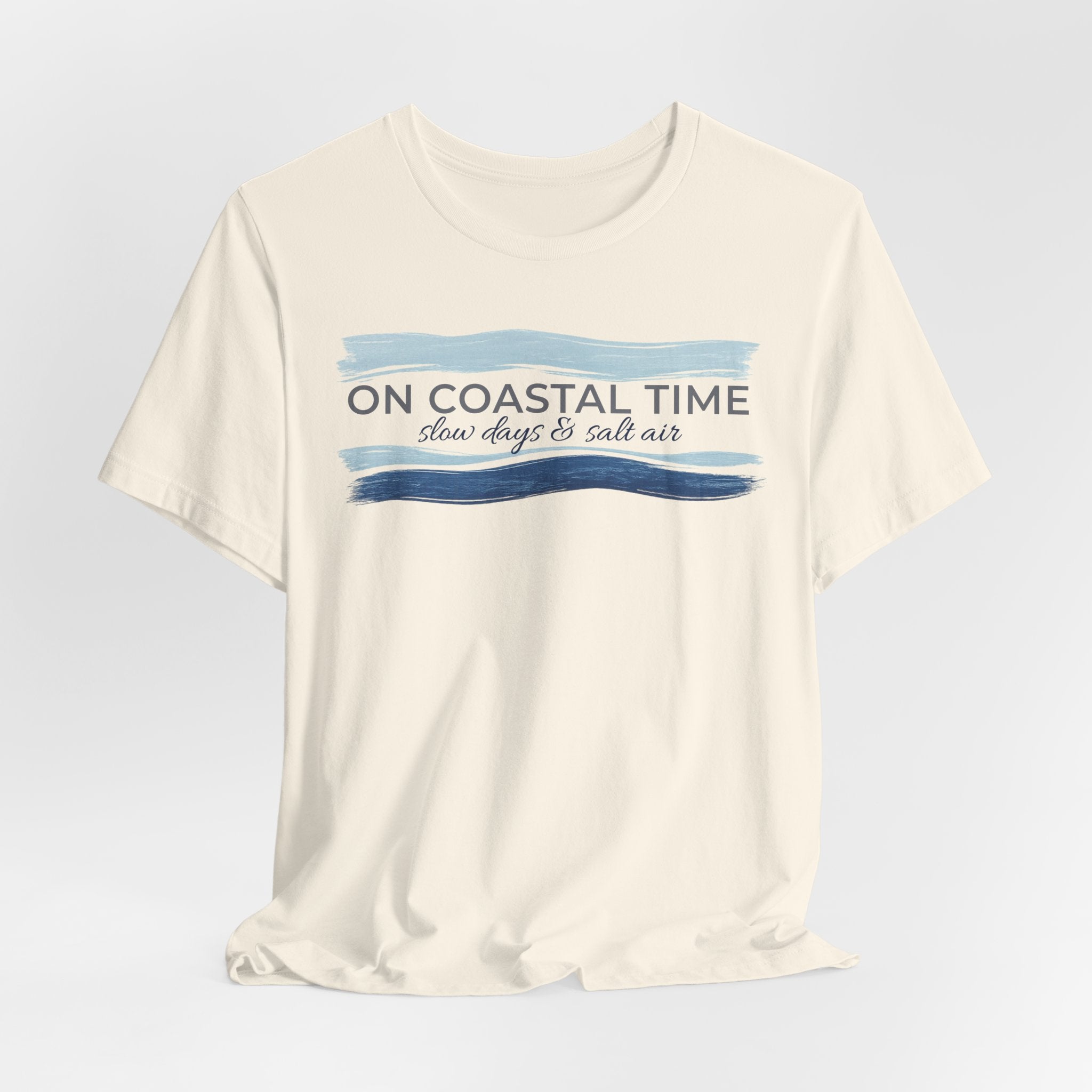 On Coastal Time Bella + Canvas 3001 T-Shirt | Slow Days & Salt Air Beach Tee | Relaxed Coastal Summer Shirt