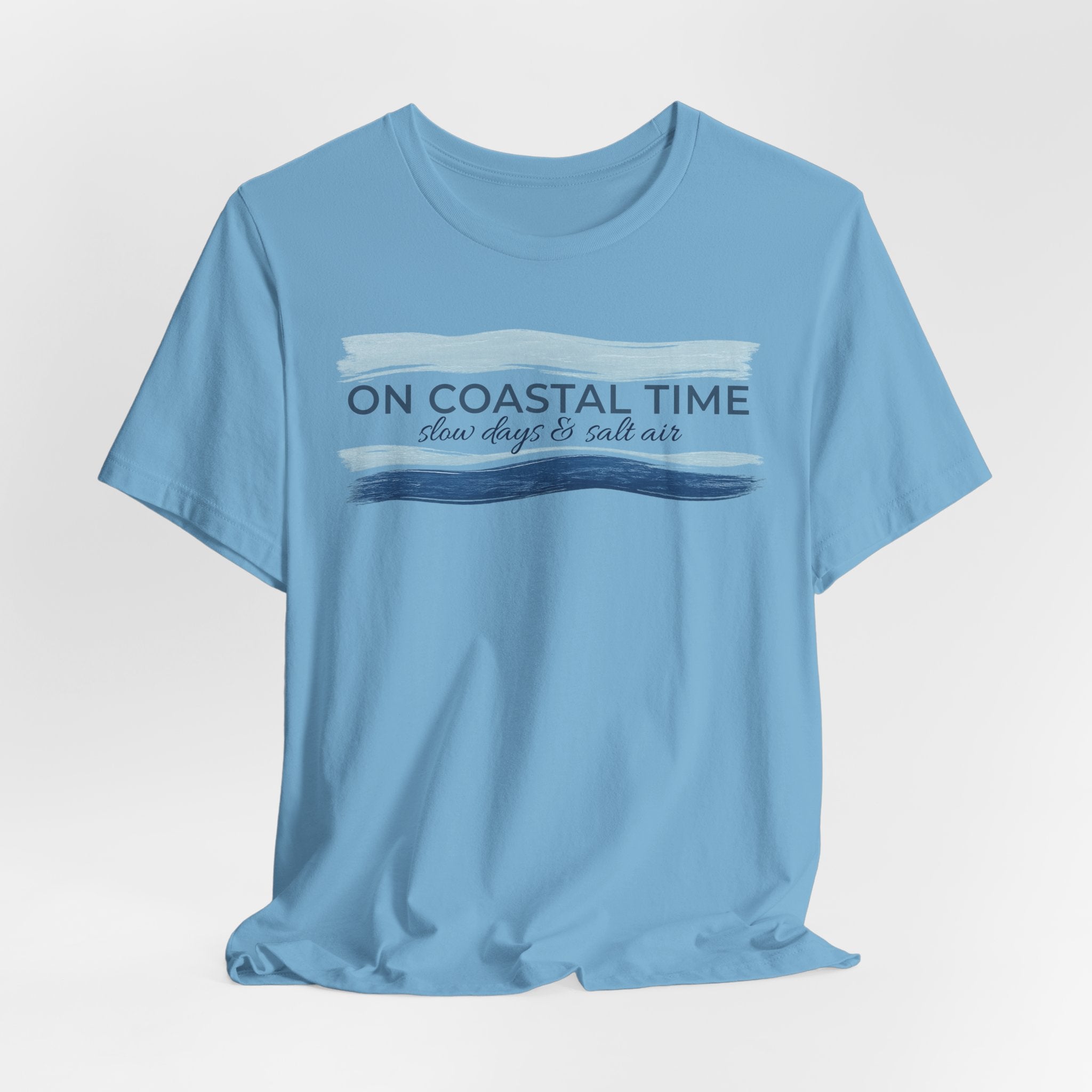 On Coastal Time Bella + Canvas 3001 T-Shirt | Slow Days & Salt Air Beach Tee | Relaxed Coastal Summer Shirt