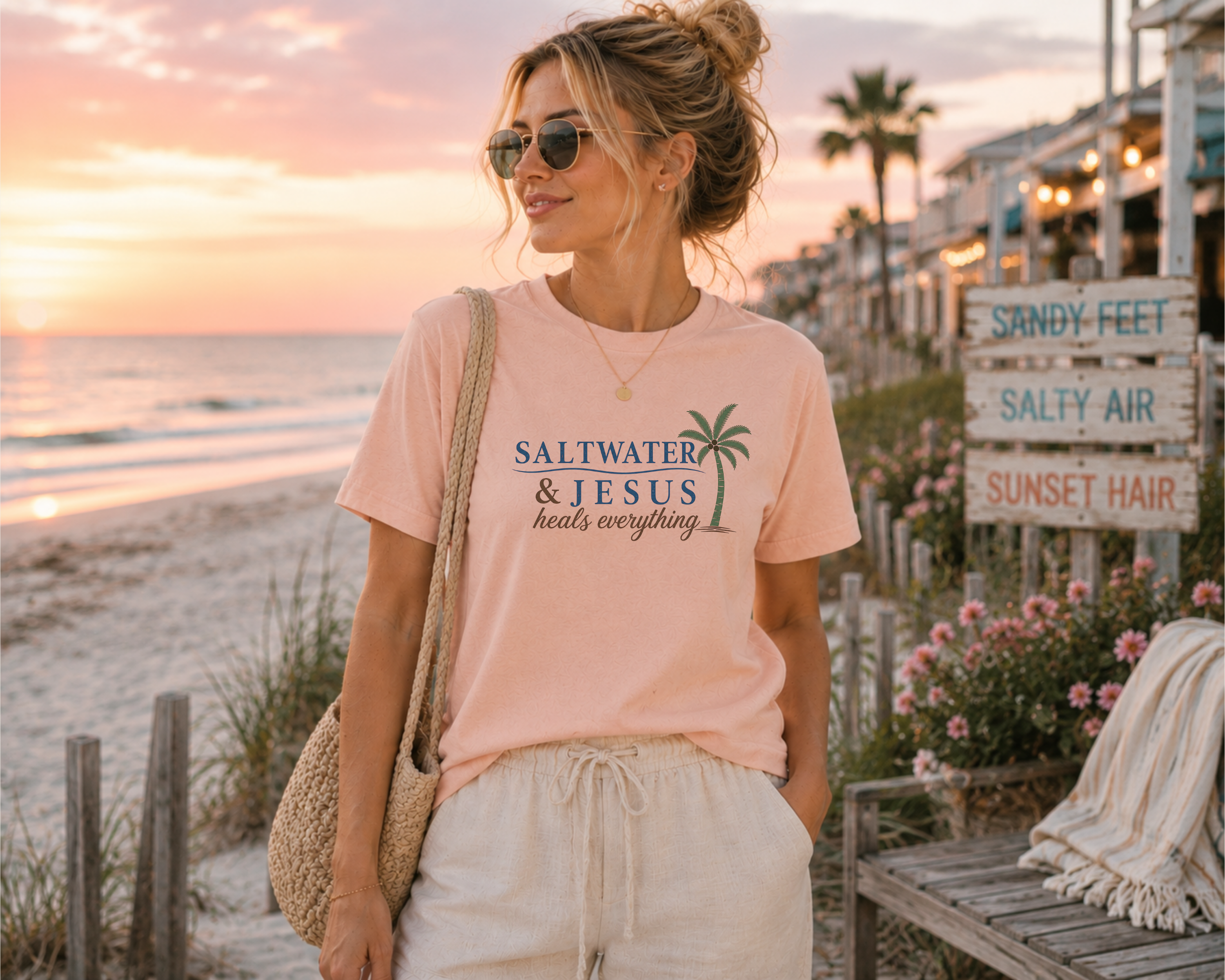 Saltwater & Jesus Tee | Spiritual Palm Tree Shirt | Beach Lover Christian Faith Apparel | Coastal Vacation Gift Top