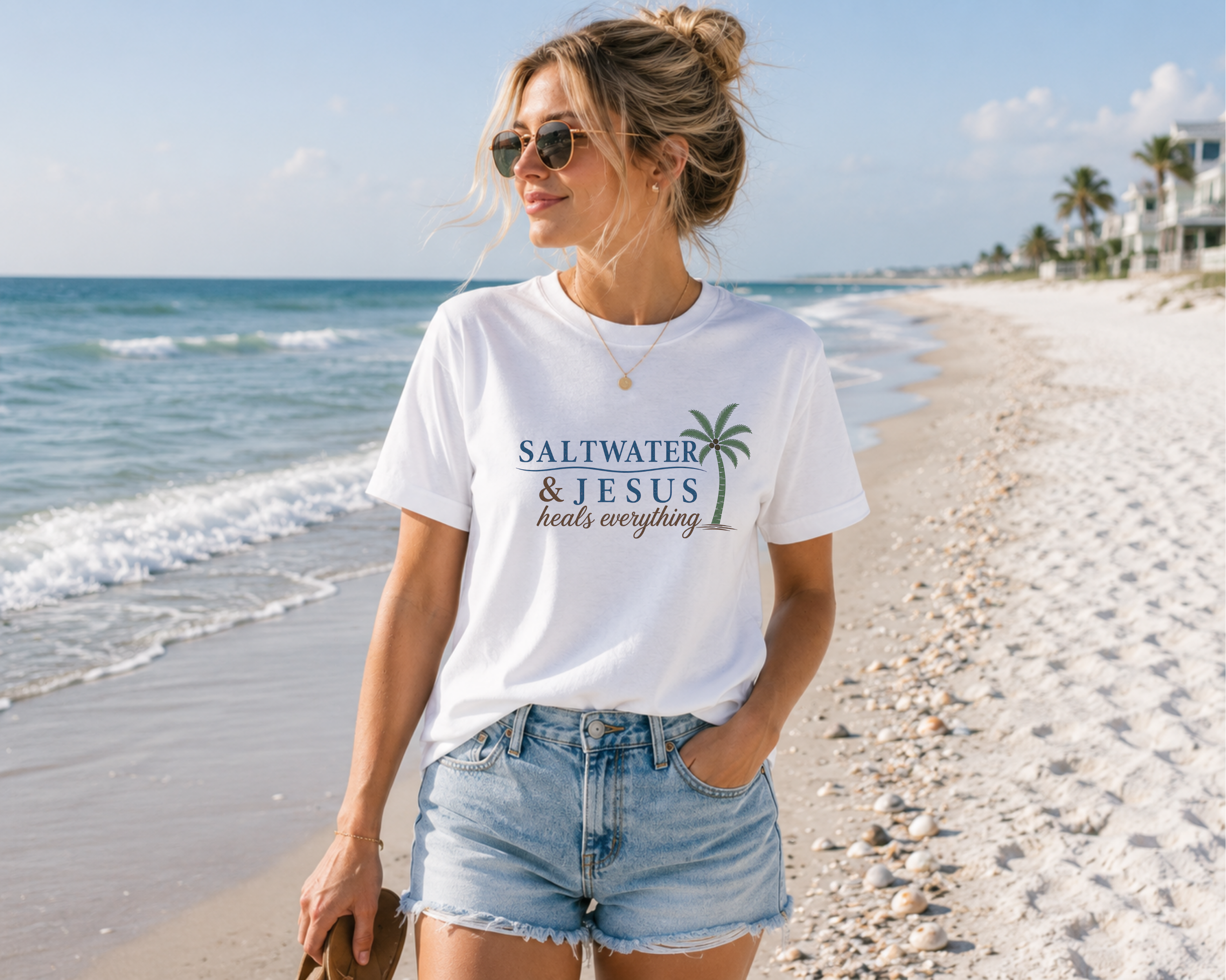 Saltwater & Jesus Tee | Spiritual Palm Tree Shirt | Beach Lover Christian Faith Apparel | Coastal Vacation Gift Top