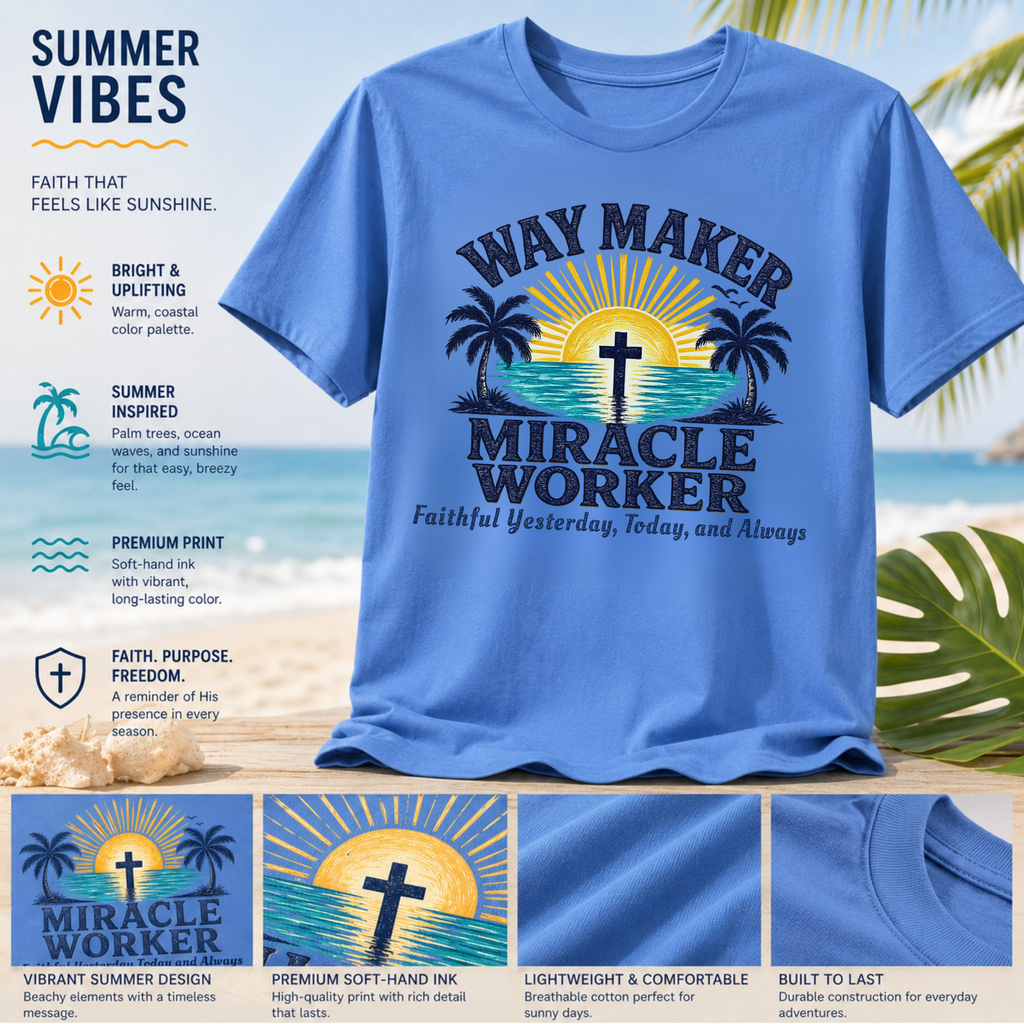 Way Maker Miracle Worker Christian Beach T-Shirt | Coastal Faith Gildan 5000 Tee | Faithful Yesterday, Today, and Always