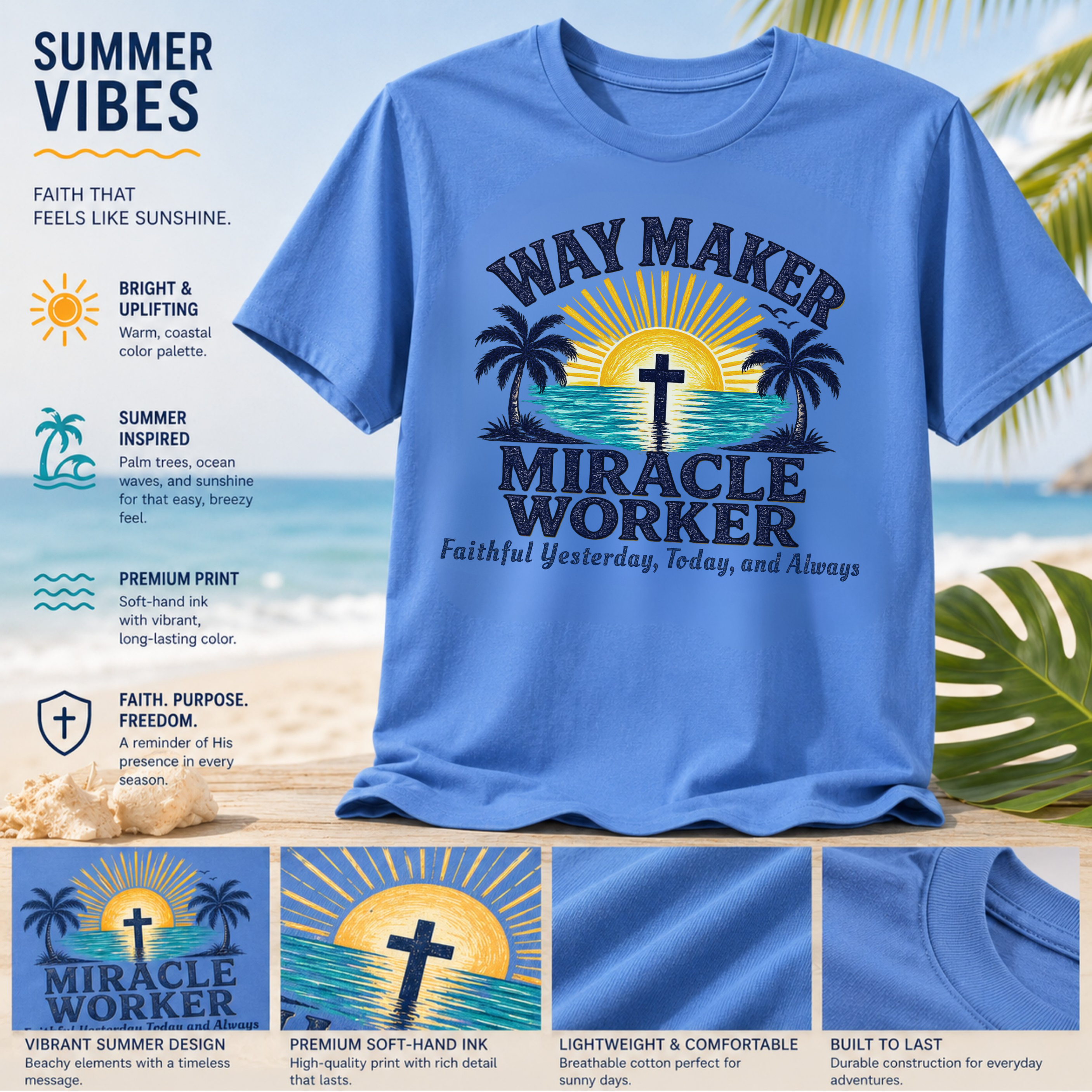 Way Maker Miracle Worker Christian Beach T-Shirt | Coastal Faith Gildan 5000 Tee | Faithful Yesterday, Today, and Always