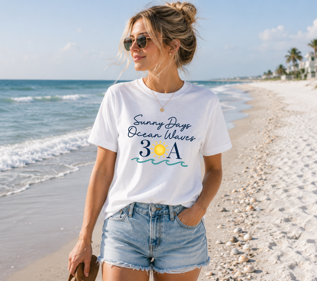 Sunny Days Ocean Waves 30A Bella + Canvas 3001 Shirt | Coastal Beach Graphic Tee | Florida Vacation T-Shirt