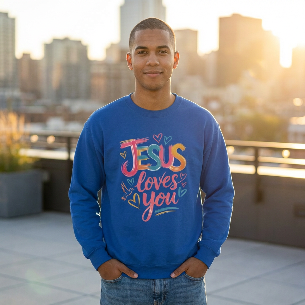 Jesus Loves You Sweatshirt | Colorful Christian Crewneck | Gildan 18000 Faith Sweatshirt | Inspirational Christian Apparel