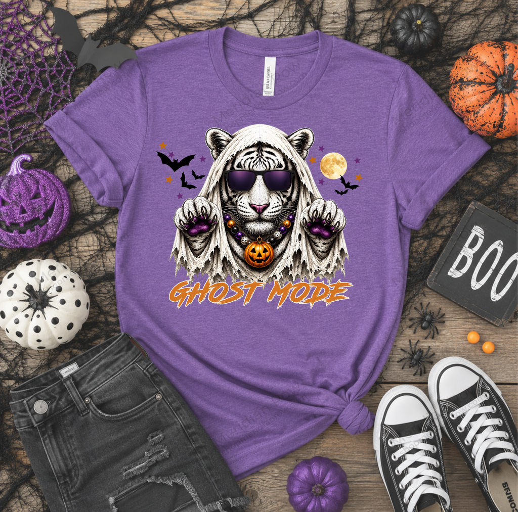 Ghost Mode Tiger Halloween Shirt | White Tiger Ghost Bella + Canvas 3001 | Cute Spooky Fall Graphic Tee | School Spirit Halloween Tee