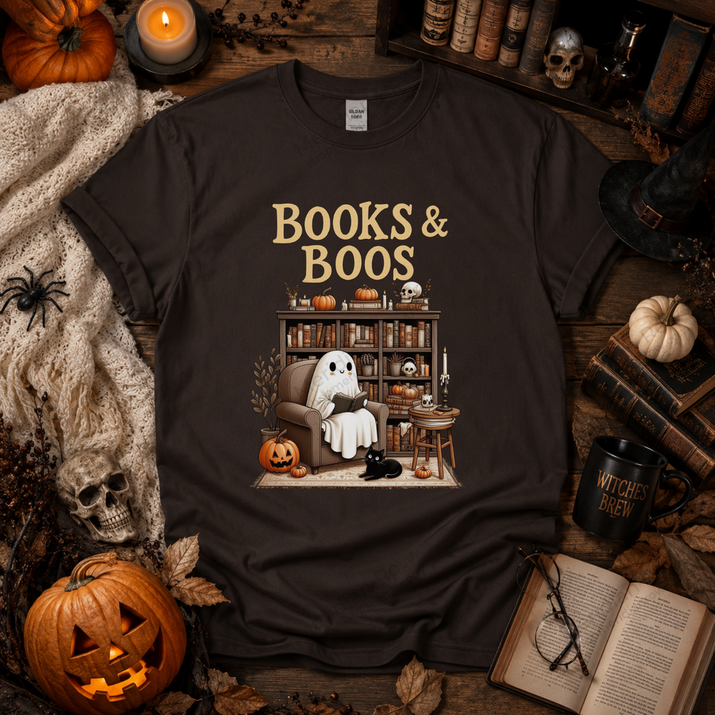 Whimsical Books & Boos Tee, Cozy Halloween Shirt, Ghostly Literature T-Shirt, Perfect for Book Lovers, Unisex Spooky Tee