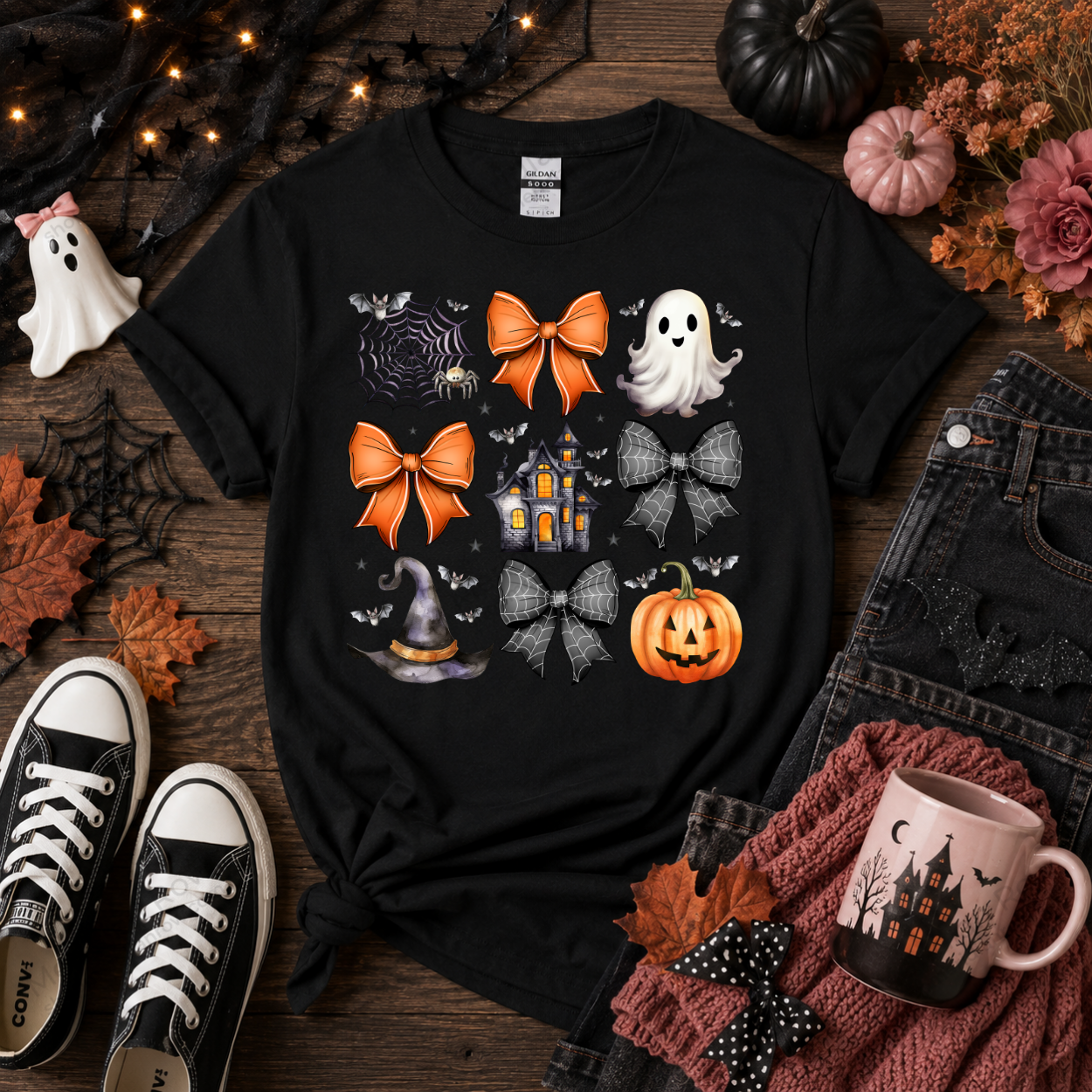 Coquette Halloween Shirt | Cute Ghost & Pumpkin Bow Tee