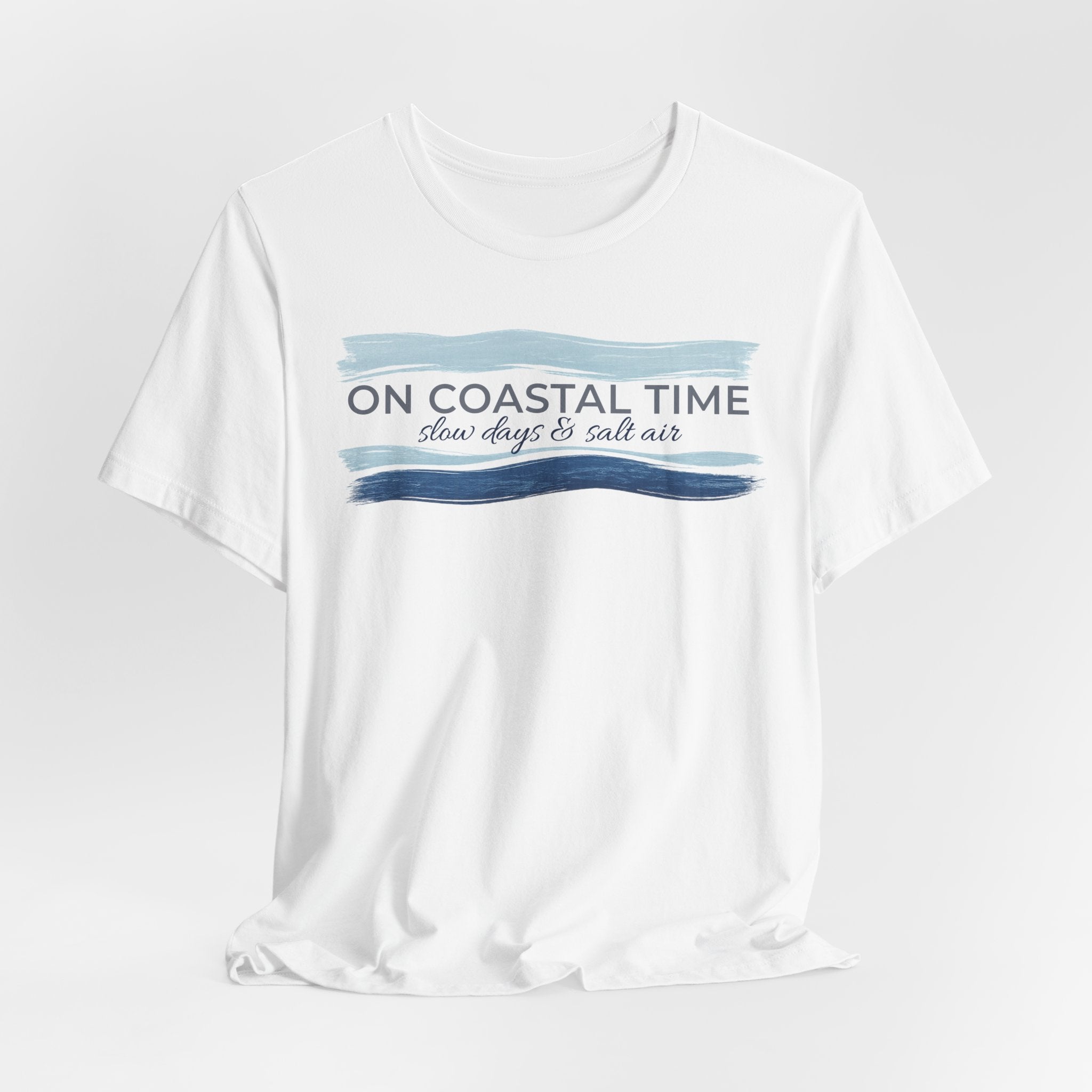 On Coastal Time Bella + Canvas 3001 T-Shirt | Slow Days & Salt Air Beach Tee | Relaxed Coastal Summer Shirt