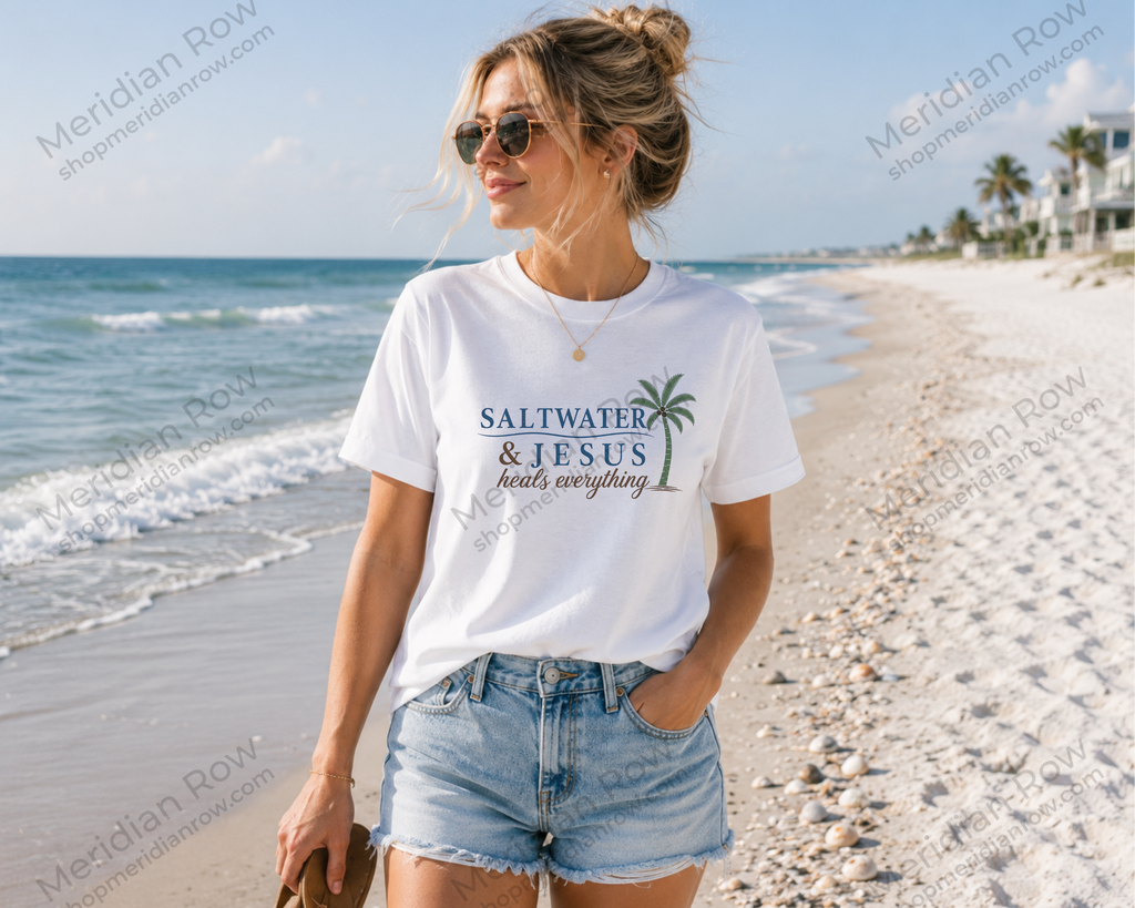 Saltwater & Jesus Tee | Spiritual Palm Tree Shirt | Beach Lover Christian Faith Apparel | Coastal Vacation Gift Top