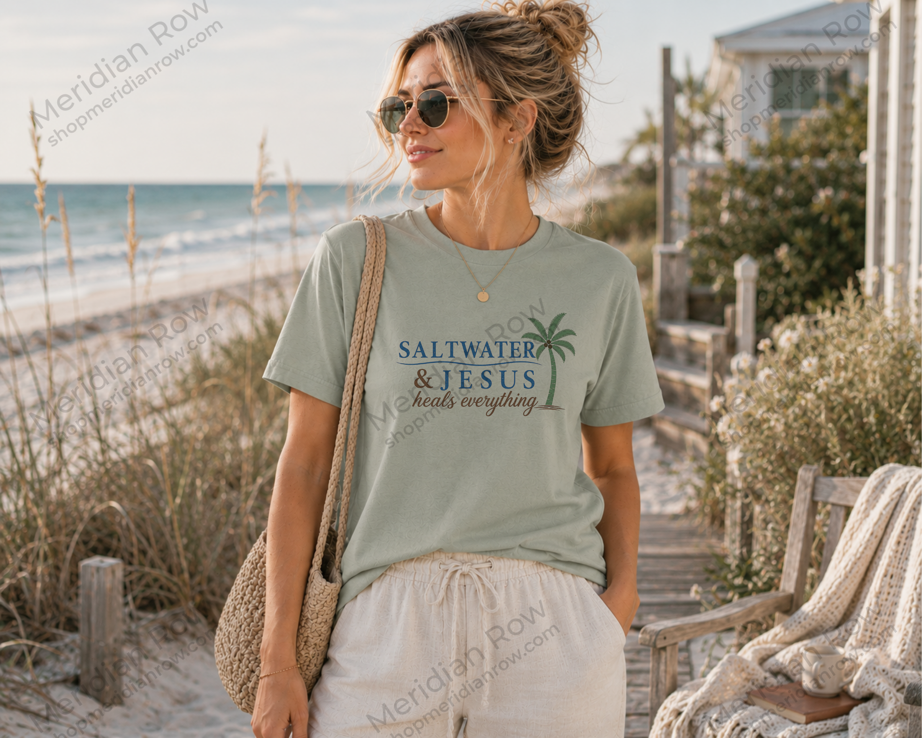 Saltwater & Jesus Tee | Spiritual Palm Tree Shirt | Beach Lover Christian Faith Apparel | Coastal Vacation Gift Top