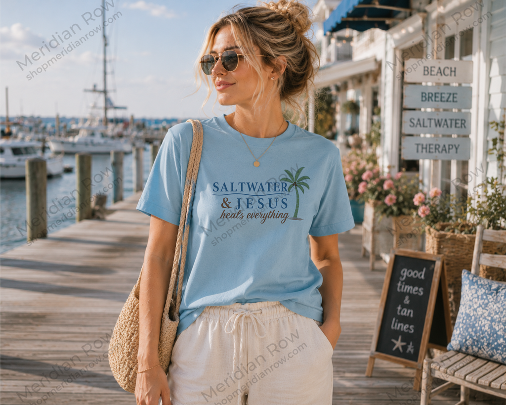 Saltwater & Jesus Tee | Spiritual Palm Tree Shirt | Beach Lover Christian Faith Apparel | Coastal Vacation Gift Top