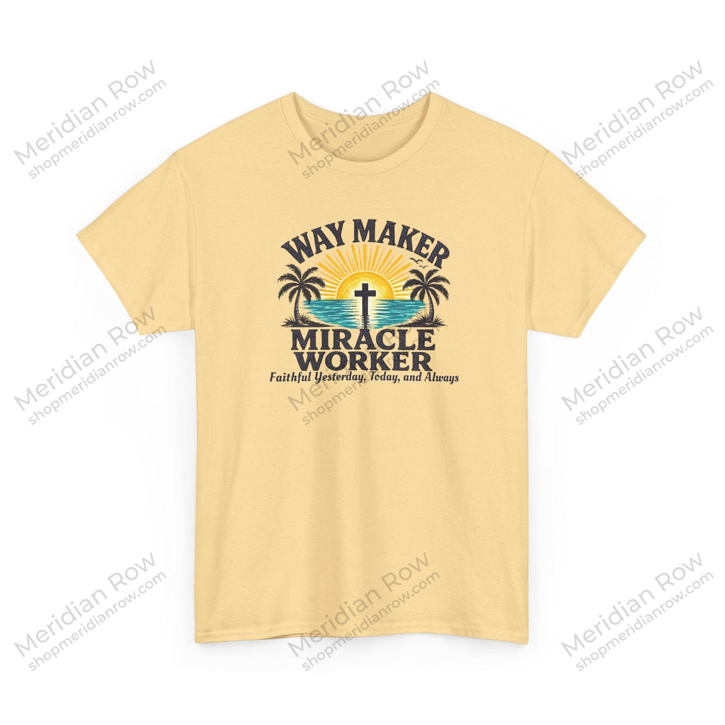 Way Maker Miracle Worker Christian Beach T-Shirt | Coastal Faith Gildan 5000 Tee | Faithful Yesterday, Today, and Always