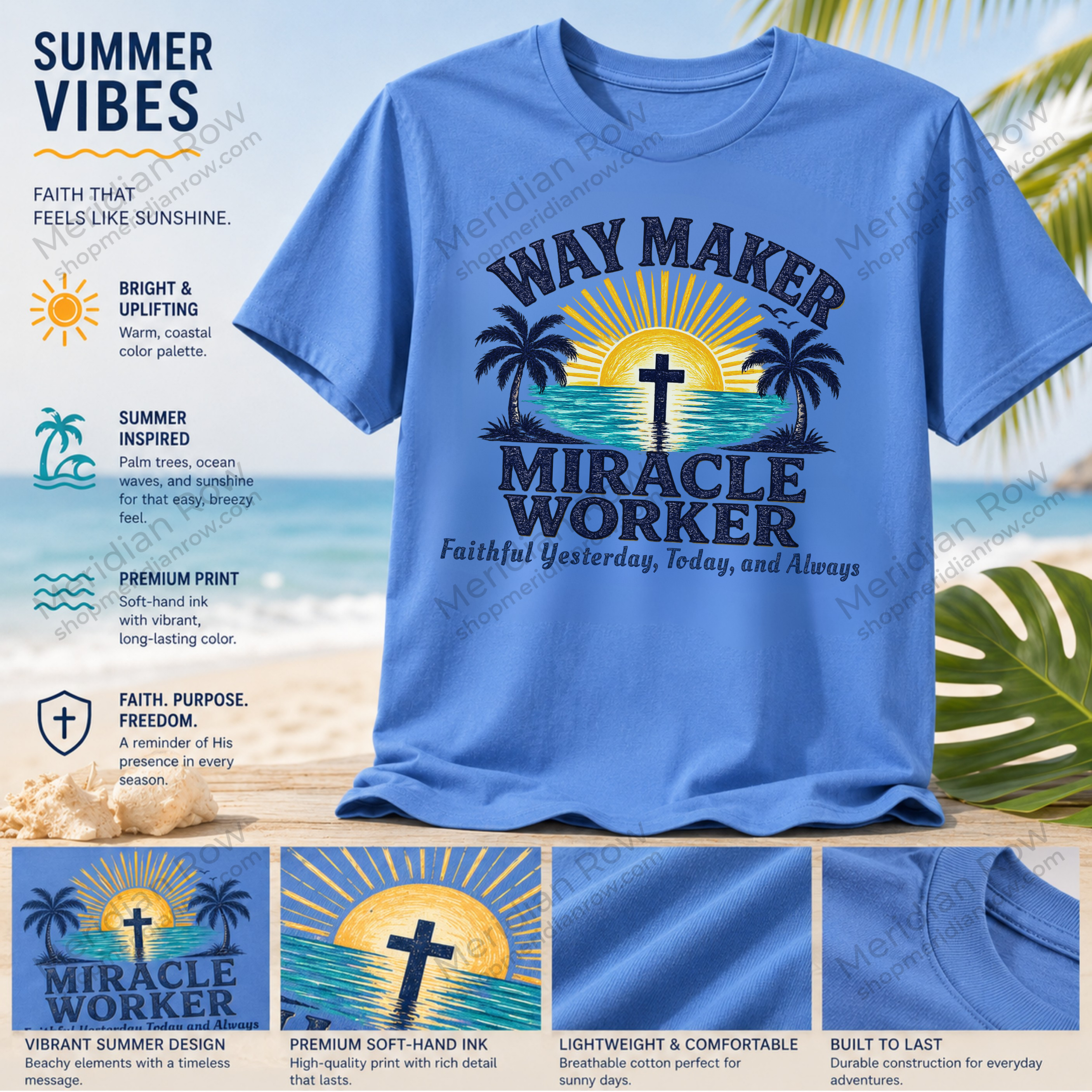 Way Maker Miracle Worker Christian Beach T-Shirt | Coastal Faith Gildan 5000 Tee | Faithful Yesterday, Today, and Always
