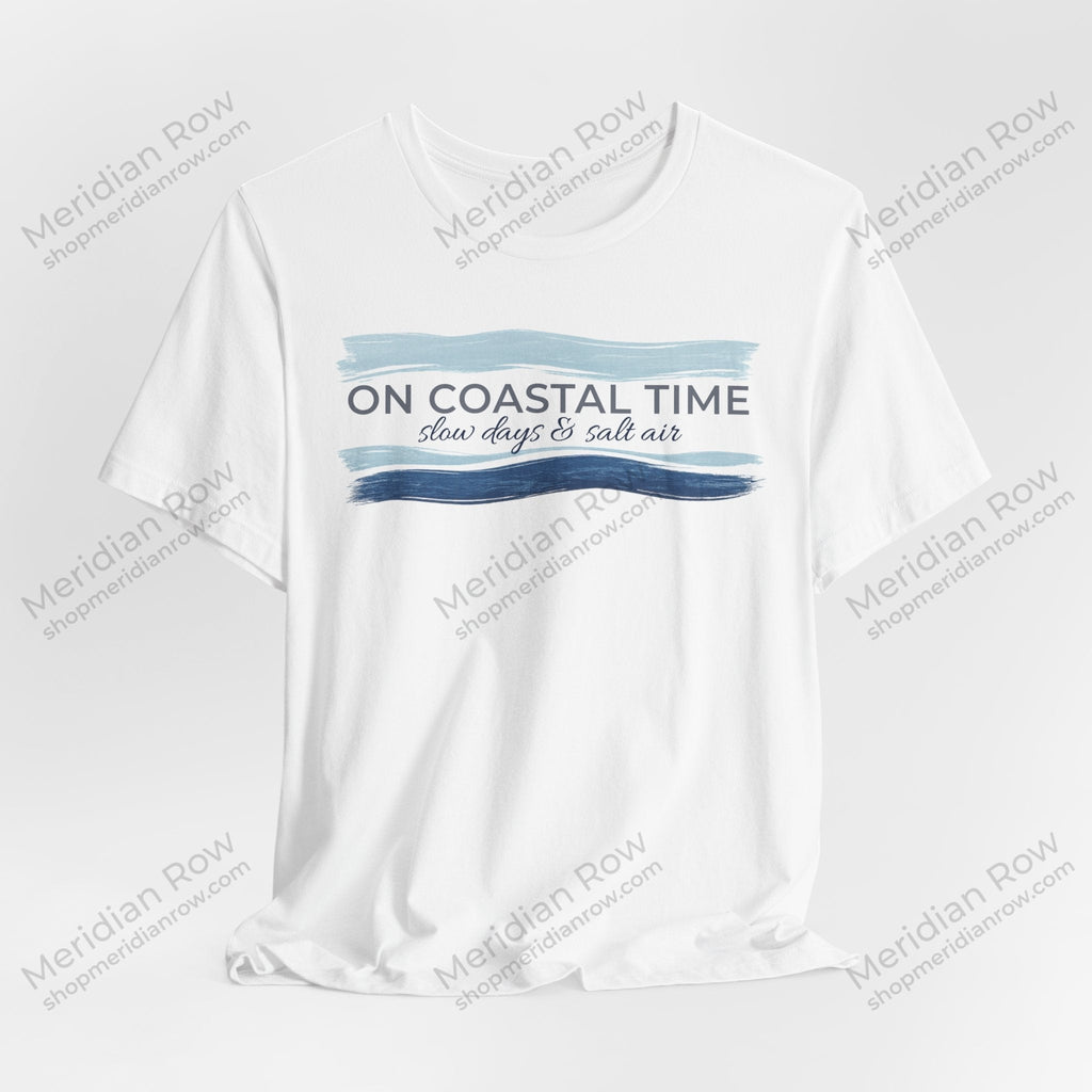 On Coastal Time Bella + Canvas 3001 T-Shirt | Slow Days & Salt Air Beach Tee | Relaxed Coastal Summer Shirt