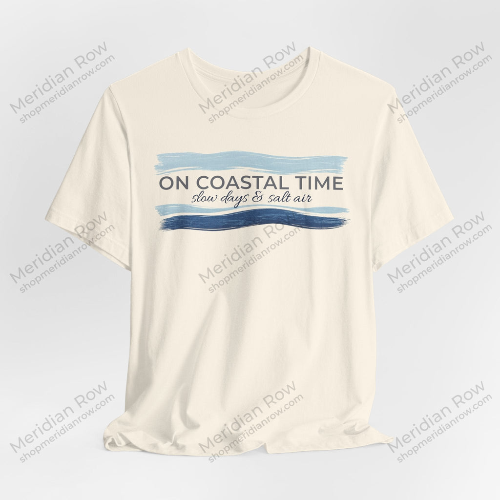 On Coastal Time Bella + Canvas 3001 T-Shirt | Slow Days & Salt Air Beach Tee | Relaxed Coastal Summer Shirt