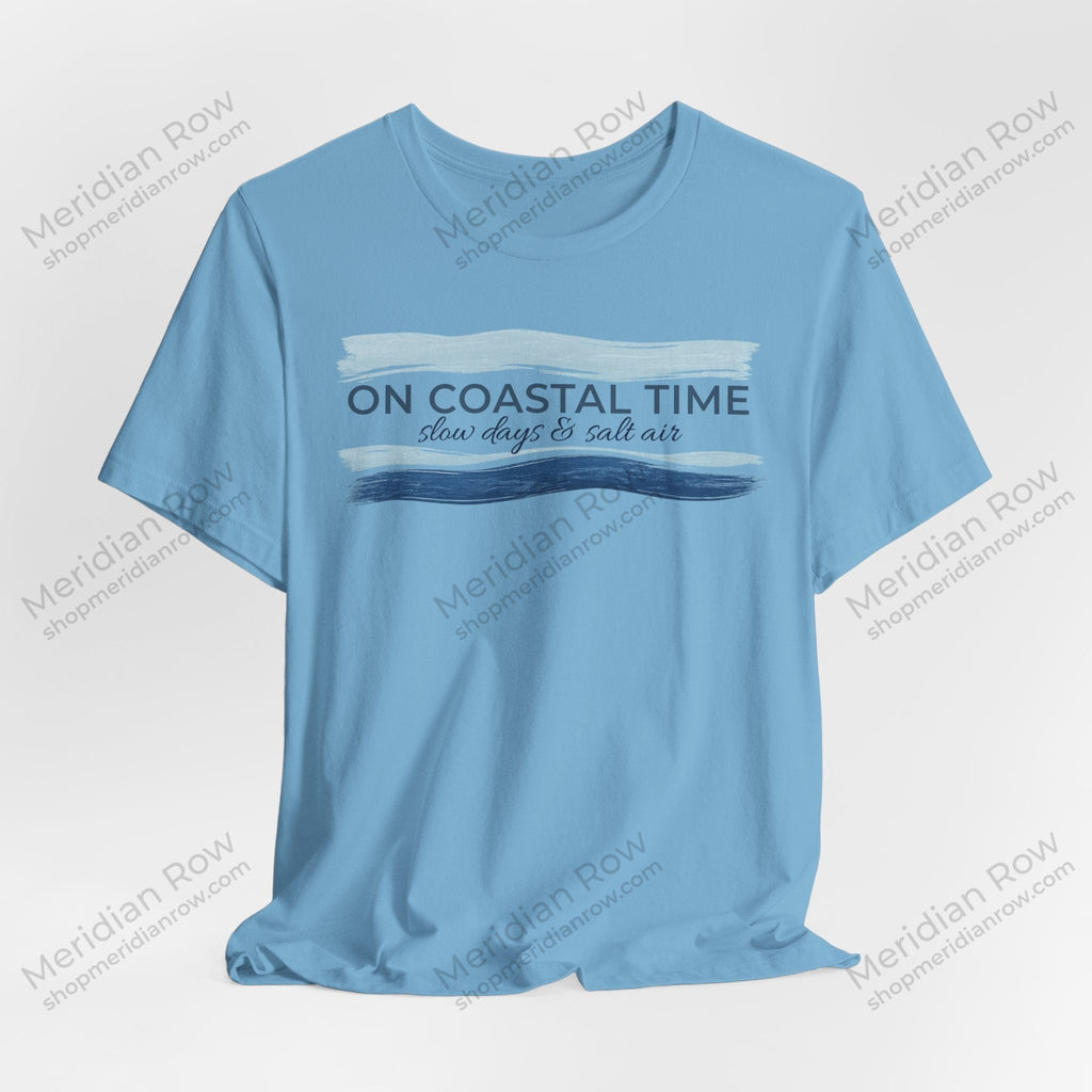 On Coastal Time Bella + Canvas 3001 T-Shirt | Slow Days & Salt Air Beach Tee | Relaxed Coastal Summer Shirt