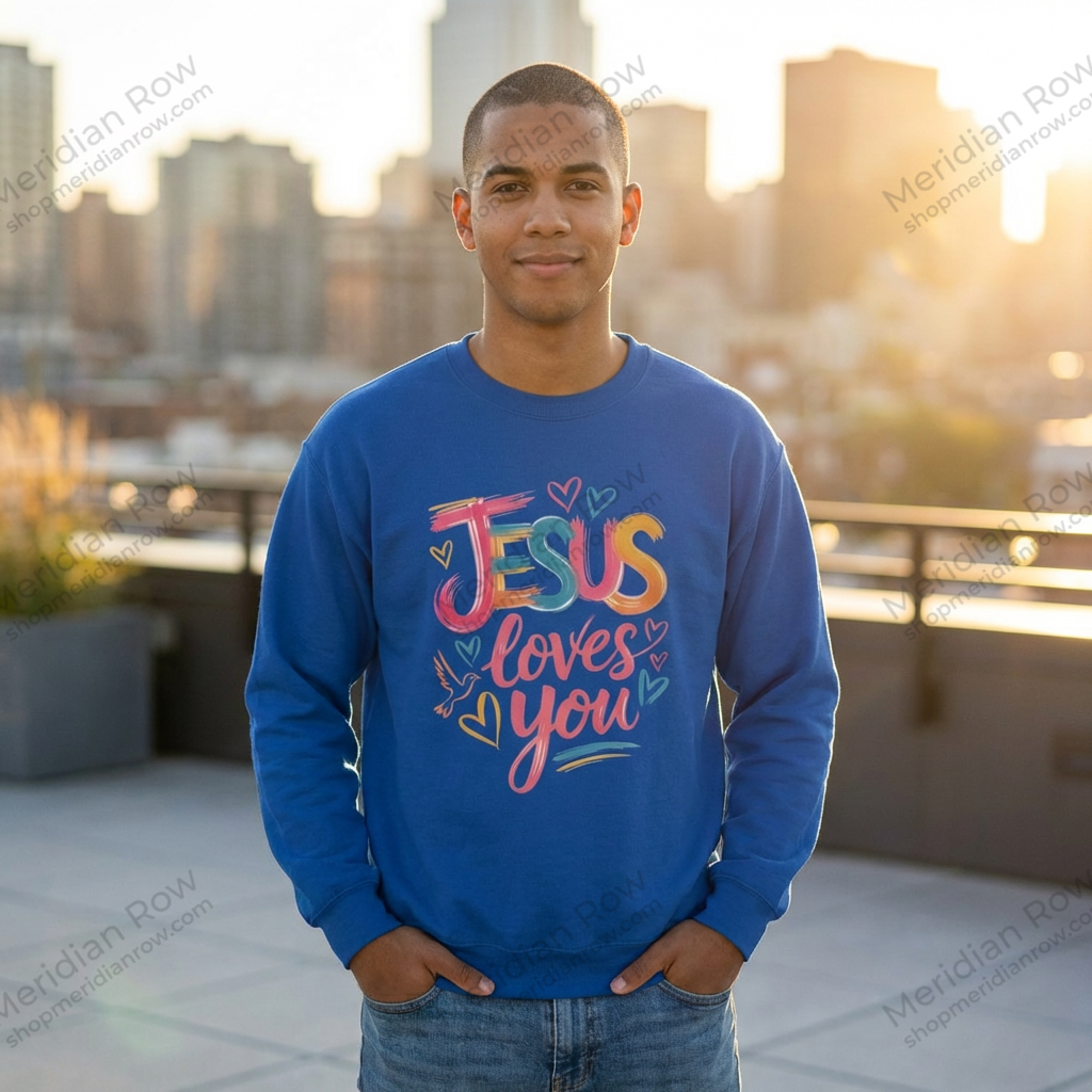 Jesus Loves You Sweatshirt | Colorful Christian Crewneck | Gildan 18000 Faith Sweatshirt | Inspirational Christian Apparel